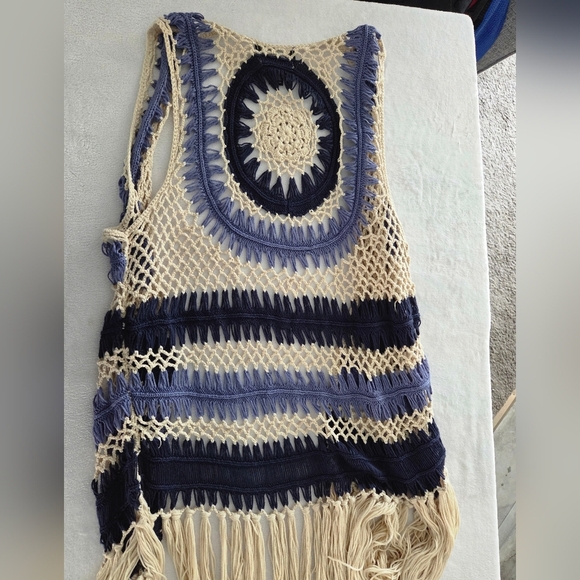 Frazzle Boho Crochet Fringe Vest Open Knit Navy Cream Purple Festival Sz S - Picture 6 of 8